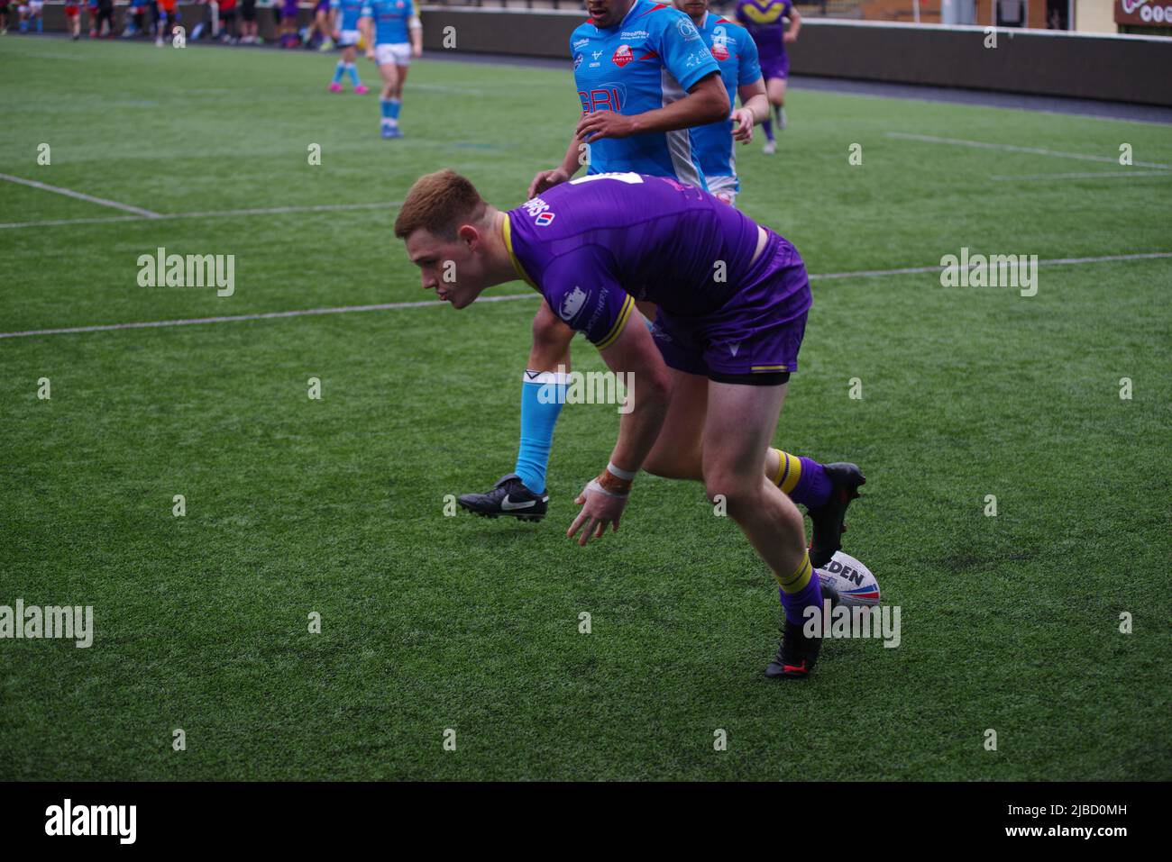 Newcastle, England, 5 June 2022. Sam Halsall scoring a try for Newcastle Thunder against Sheffield Eagles in the Betfred Championship at Kingston Park. Credit: Colin Edwards / Alamy Live News Stock Photo