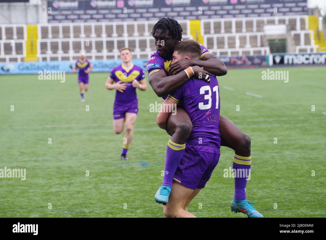 Newcastle, England, 5 June 2022. Gideon Boafo congratulating Riley Dean after he scored a try for Newcastle Thunder against Sheffield Eagles in the Betfred Championship at Kingston Park. Credit: Colin Edwards / Alamy Live News Stock Photo