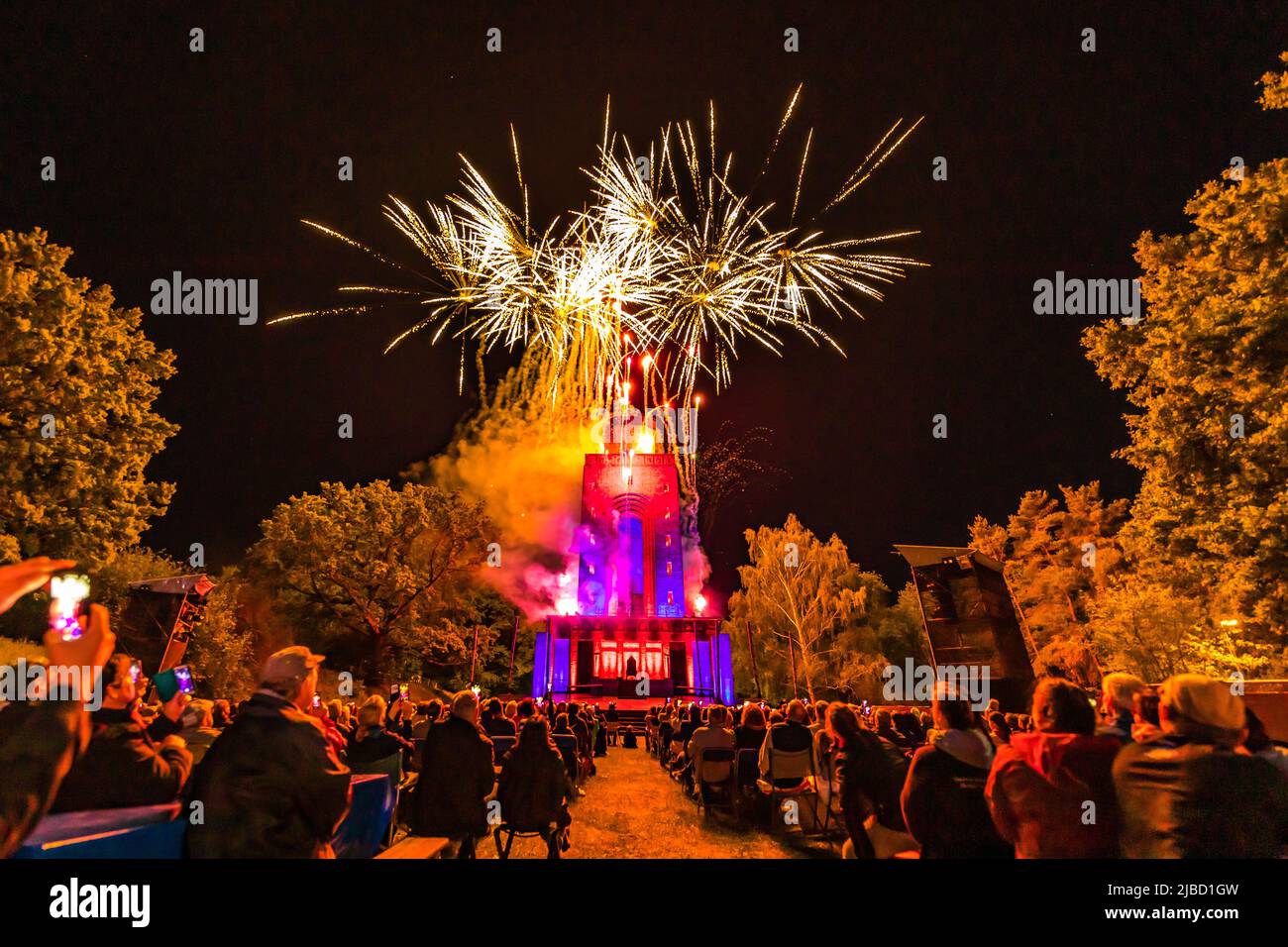 04 June 2022, Brandenburg, Burg (Spreewald): With fireworks, the premiere of the 13th Spreewald Sagennacht, which is performed on the three days of the Whitsun weekend, comes to a grandiose conclusion. After a two-year Corona break, the event presents itself again on the three days of the Whitsun weekend under the title 'The Return' with an exciting story about power and intrigue. Photo: Frank Hammerschmidt/dpa Stock Photo