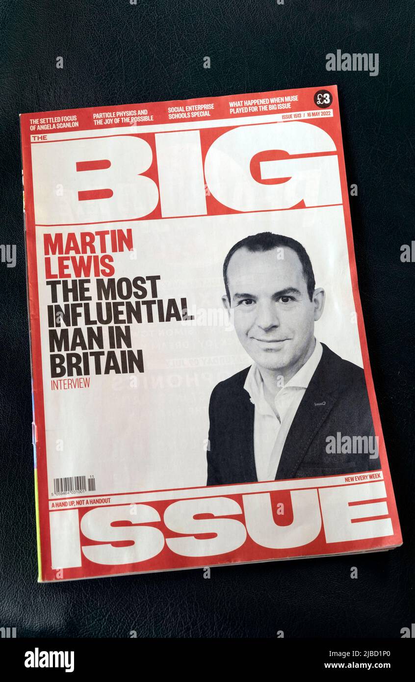 Big Issue front cover headline 'Martin Lewis The Most Influential Man in Britain' magazine May 2022 London England UK Great Britain Stock Photo