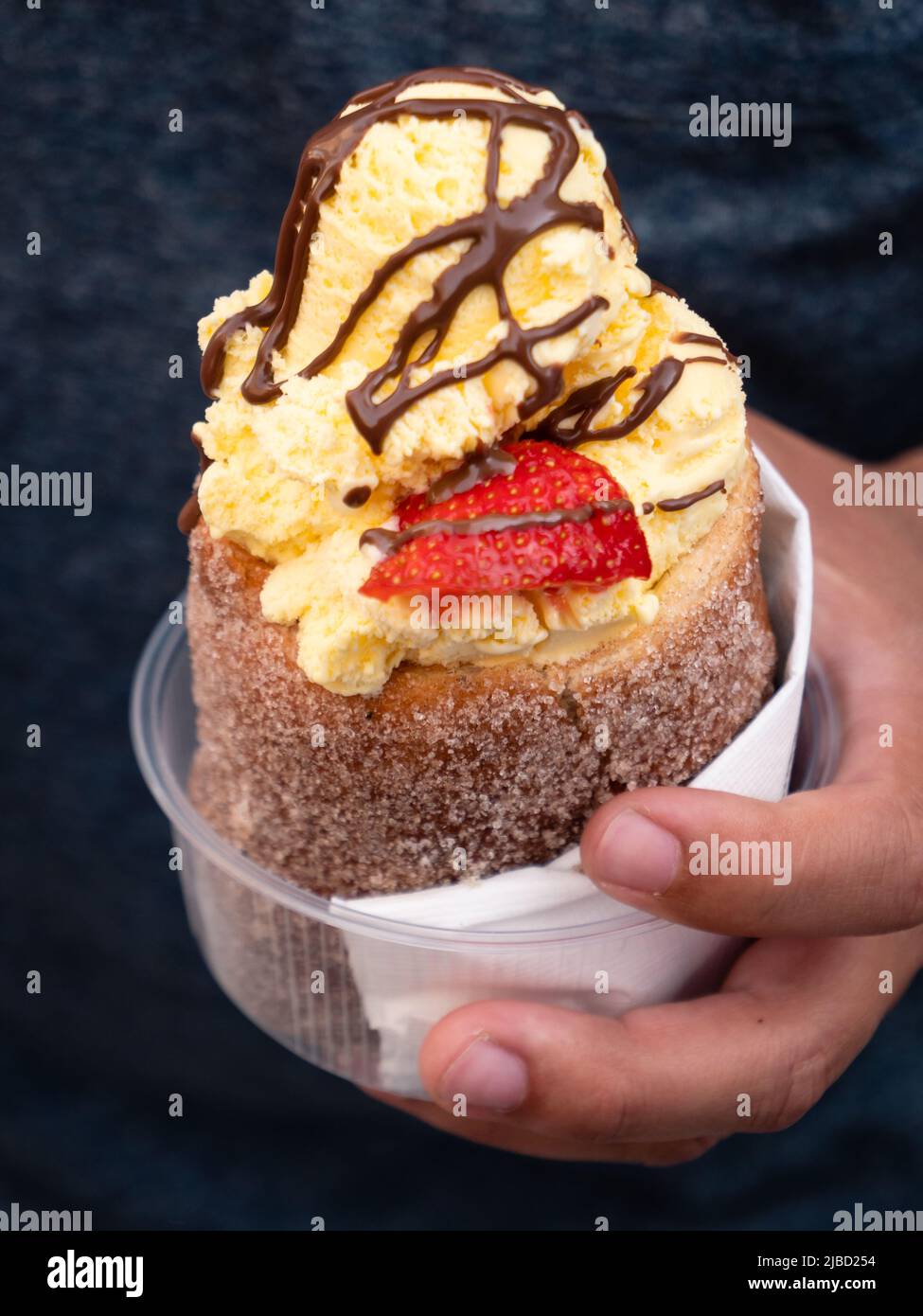 Trdelnik, also called trdlo or trozkol, a Czech Spit Cake with Vanilla Ice Cream, Chocoolate Sauce and Strawberry Stock Photo