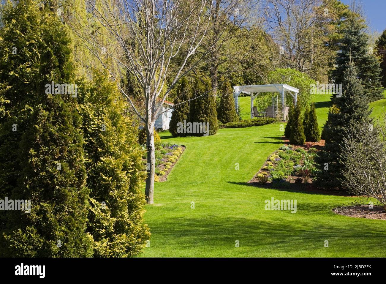 Trimmed evergreen trees and borders with shrubs plus white pergola in