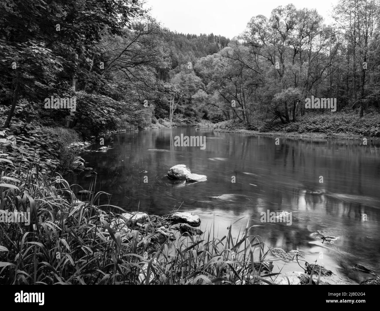 River Ohre or Eger Black and White Landscape near Carlsbad or Karlovy Vary in Western Bohemia, Czech Republic Stock Photo