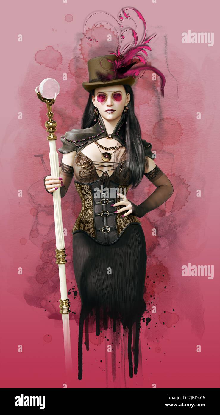 3d computer graphics of a lady with Steampunk dress, topper and magic wand Stock Photo
