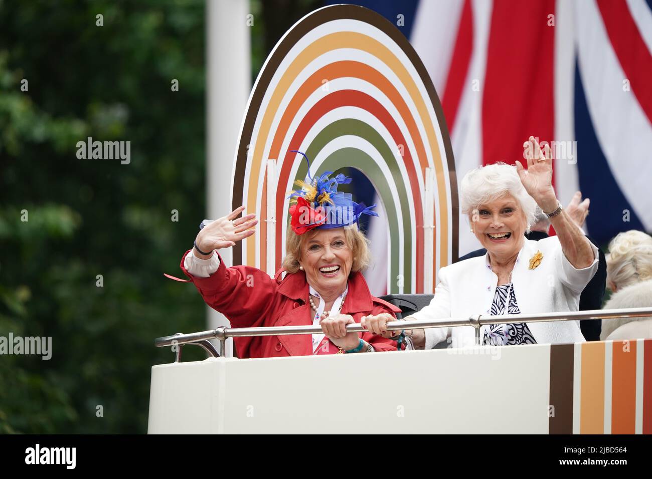 Esther Rantzen (left) and Angela Rippon waves to the crowd during the ...