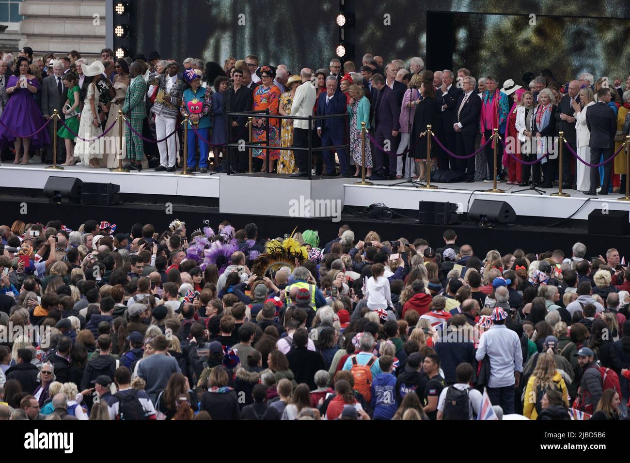 People who took part in Platinum Jubilee Pageant on a stage outside