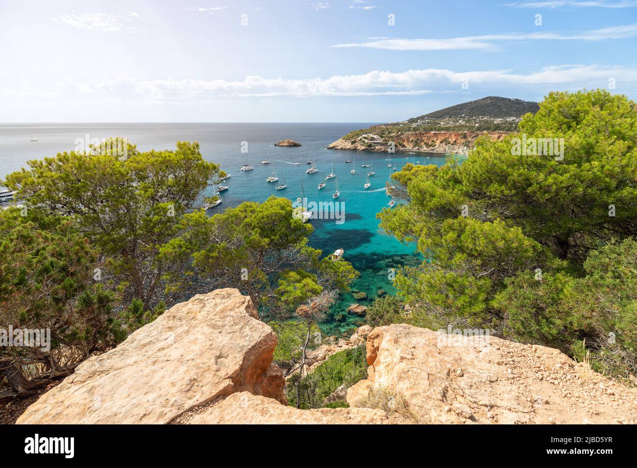 Limestones cliffs, pine and deciduous trees and clear shallow water of bay Cola d'Hort with numerous yachts. Ibiza, Balearic Islands, Spain Stock Photo