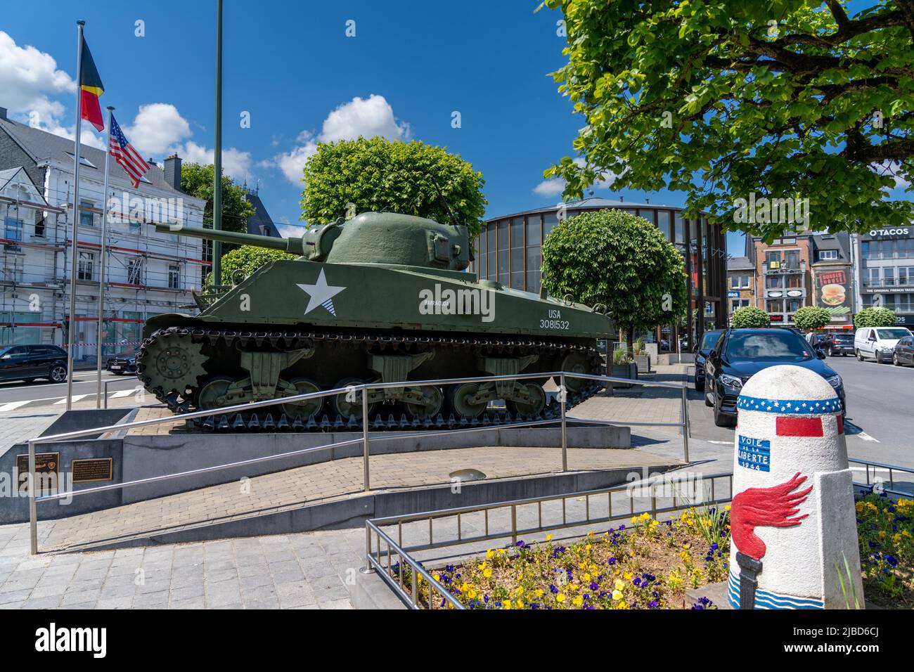 Bastogne, Belgium - 4 June, 2022: view of the Sherman Tank memorial in the city center of Bastogne Stock Photo