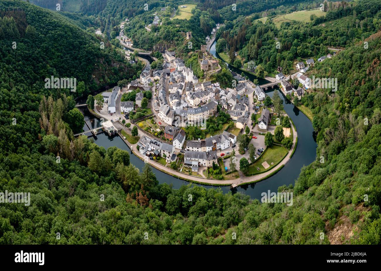 Esch-sur-Sure, Luxembourg - 4 June, 2022: drone view of the village of Esch-sur-Sure the Sauer River in Luxembourg Photo - Alamy