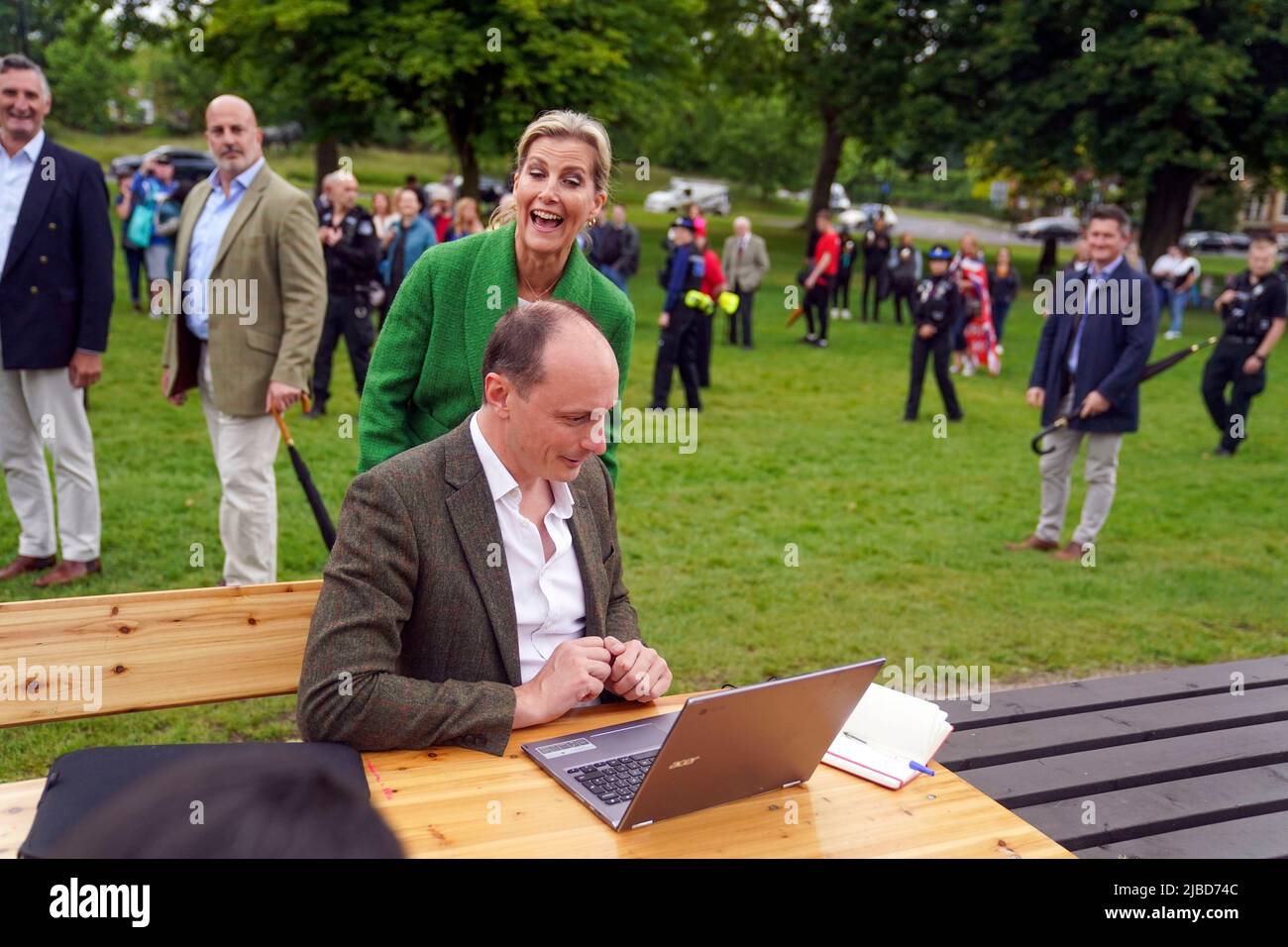 The Countess of Wessex surprises a journalist as he works during the Big Jubilee Lunch with members of the local community seated at 'The Long Table' on The Long Walk, Windsor Castle, on day four of the Platinum Jubilee celebrations. Picture date: Sunday June 5, 2022. Stock Photo