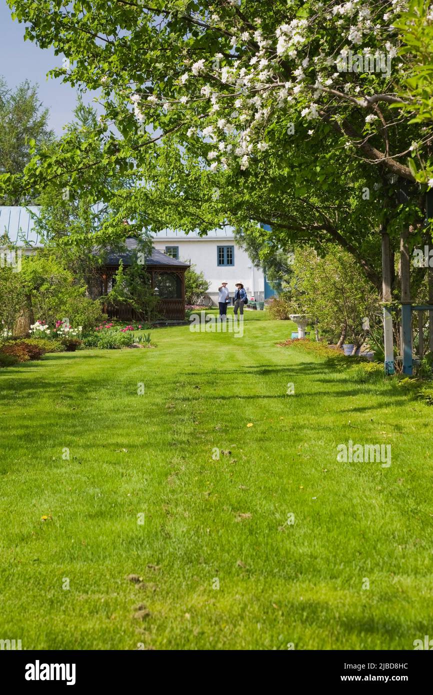 Gardener and visitor in grass lawn alley lined with overhanging
