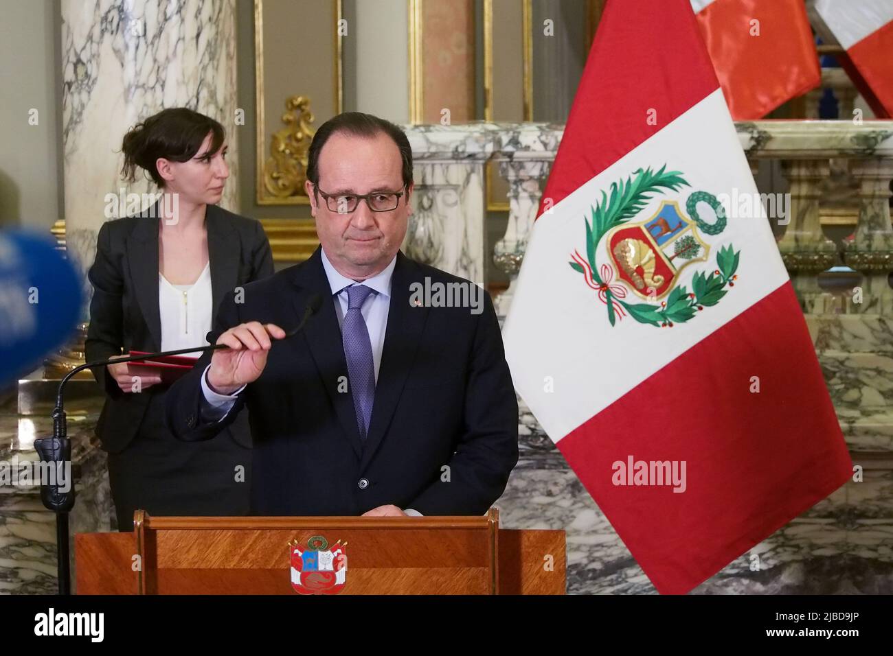 French president Francoise Hollande, in official visit to Lima, is welcomed by president of Peru Ollanta Humala and his wife Nadine Heredia Stock Photo
