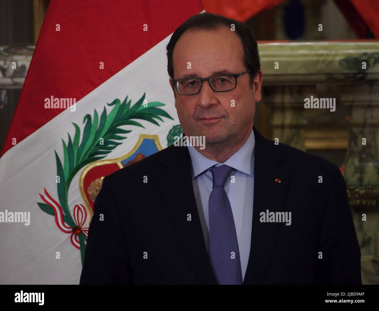 French president Francoise Hollande, in official visit to Lima, is welcomed by president of Peru Ollanta Humala and his wife Nadine Heredia Stock Photo