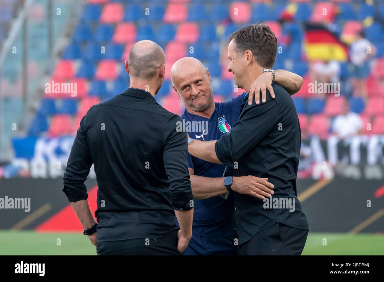 Bologna, Italy. June 4, 2022, Attilio Lombardo assistant coach (Italy) Oliver Bierhoff sports director (Germany) during the UEFA Natons League match between Italy 1-1 Germany at Stadio Renato Dall'Ara on June 4, 2022 in Bologna, Italy. Credit: Maurizio Borsari/AFLO/Alamy Live News Stock Photo
