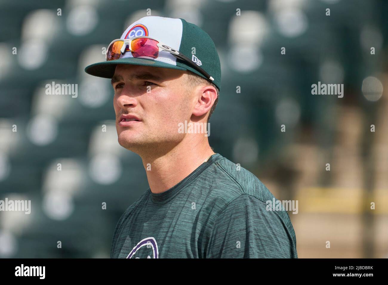 Denver CO, USA. 4th June, 2022. Colorado outfielder Conner Joe (9) takes a  walk during the game with Atlanta Braves and Colorado Rockies held at Coors  Field in Denver Co. David Seelig/Cal