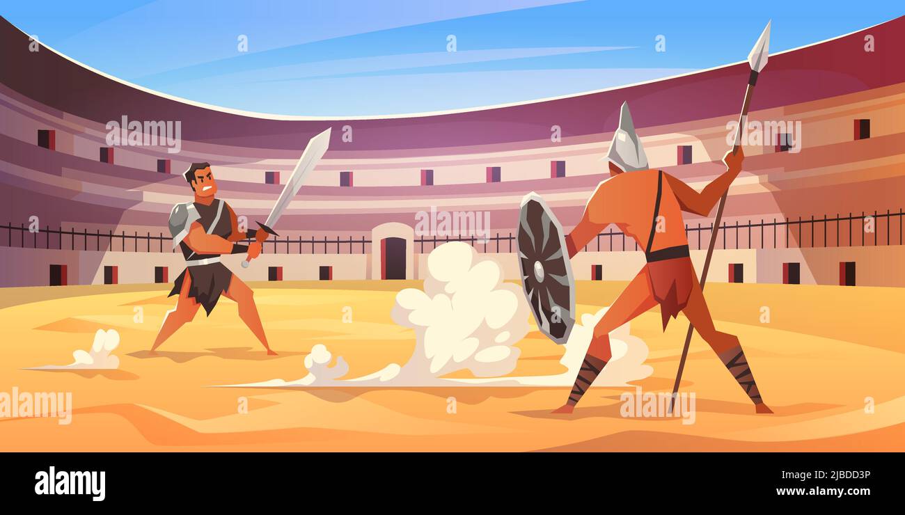 Gladiator fight. Cartoon roman fighters at colosseum arena, warriors attack, various weapons and armor, ancient battle show, characters in traditional Stock Vector