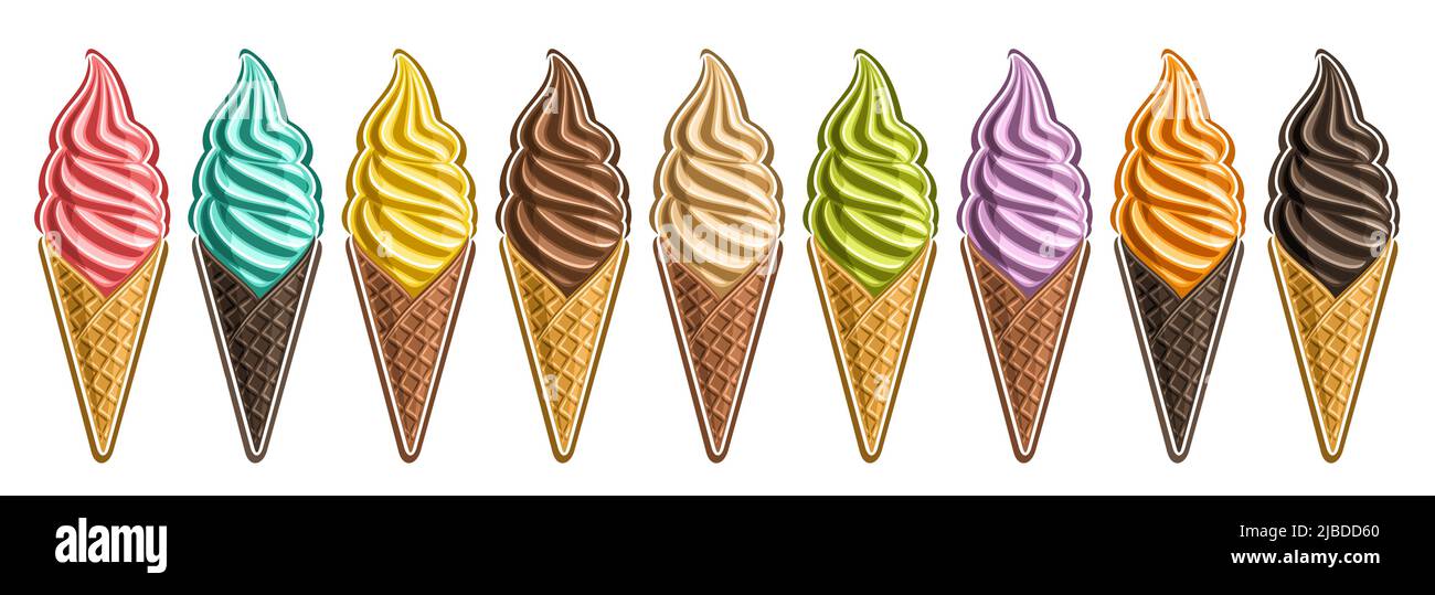Vector Ice Cream Set, lot collection of 9 cut out different illustrations of realistic refreshing ice creams, horizontal banner with colorful twirl ic Stock Vector