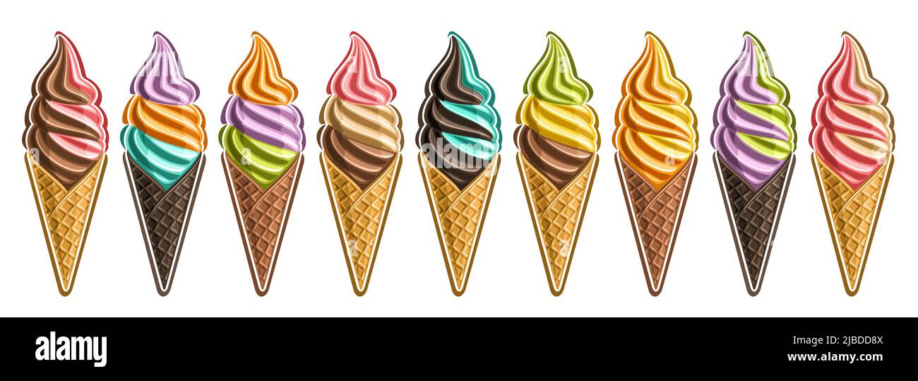 Vector Ice Cream Set, lot collection of 9 cut out different illustrations of realistic refreshing ice creams, horizontal banner with whipped milk icec Stock Vector