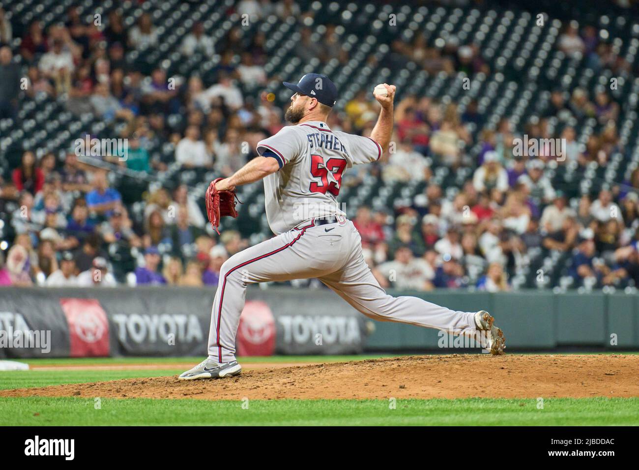 June 4 2022: Atlanta pitcher Jackson Stephens (53) throws a pitch during  the game with Atlanta Braves and Colorado Rockies held at Coors Field in  Denver Co. David Seelig/Cal Sport Medi(Credit Image