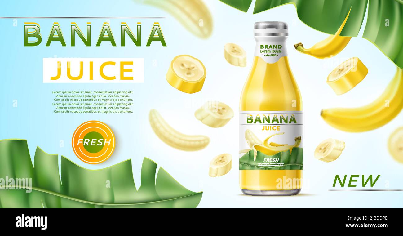 Realistic banana poster. Fruit juice advertising banner, glass bottle