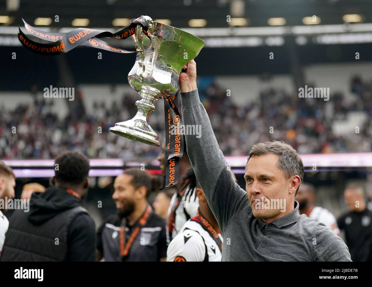 Grimsby Town manager Paul Hurst celebrates with the National League play off final trophy after during the Vanarama National League play off final match at the London Stadium, London. Picture date: Sunday June 5, 2022. Stock Photo