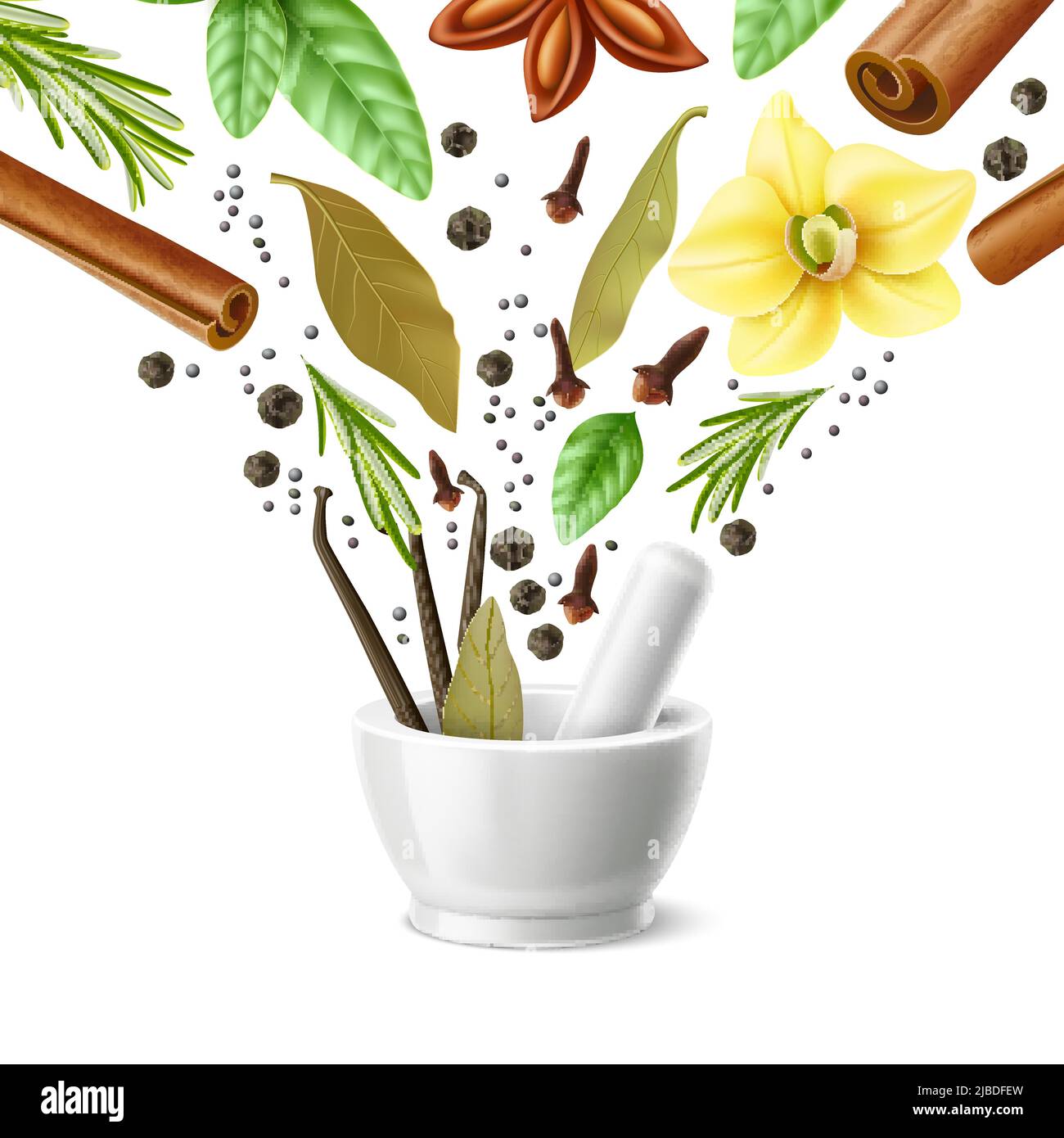 Mortar and pestle spices. Realistic porcelain grinding device with flying herbs, seeds and sprigs, dry clove, vanilla pods, cinnamon sticks, rosemary Stock Vector