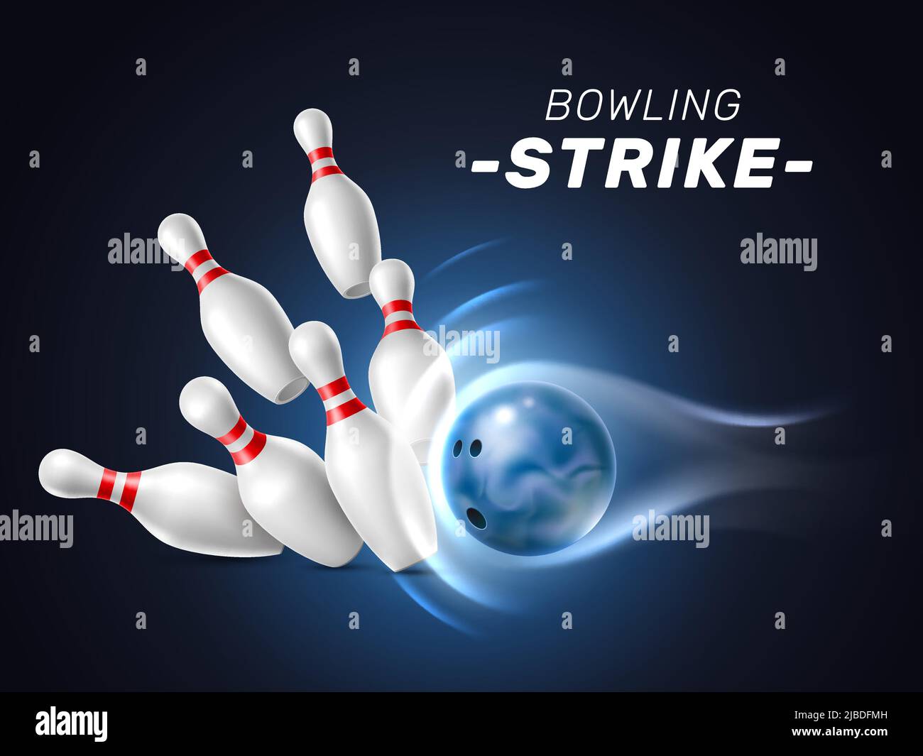 Realistic bowling strike ball. High speed trajectory, flying downed pins, crashing 3d isolated element, dark backdrop, team game with skittles Stock Vector