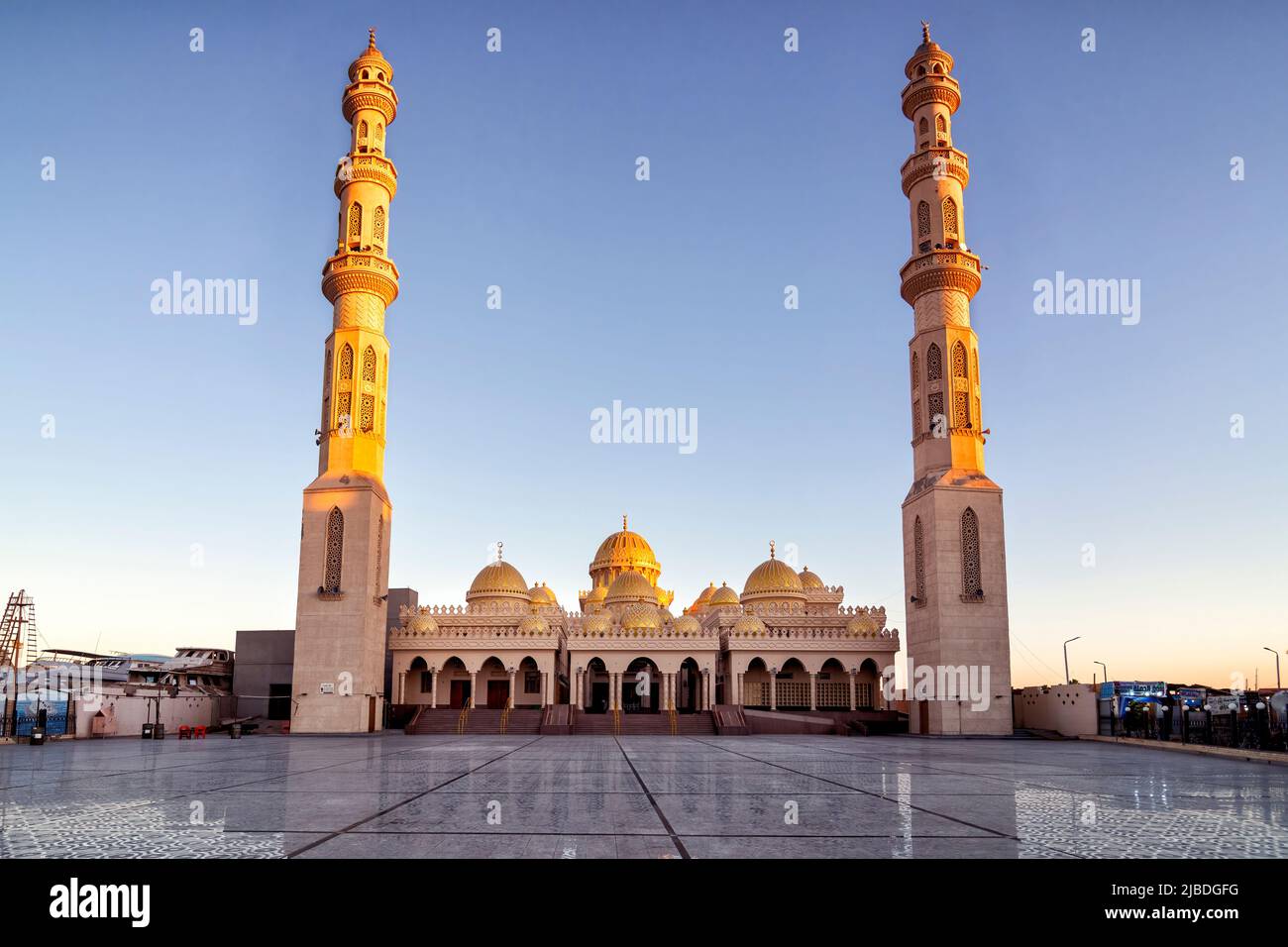 Al Mina mosque in Hurghada, Egypt. Beautiful evening light Stock Photo
