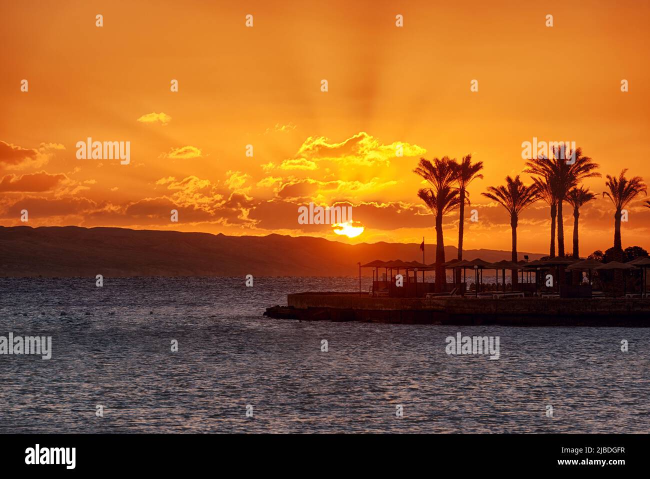 Beautiful sunrise om the Red Sea resort with palms silhouettes Stock ...