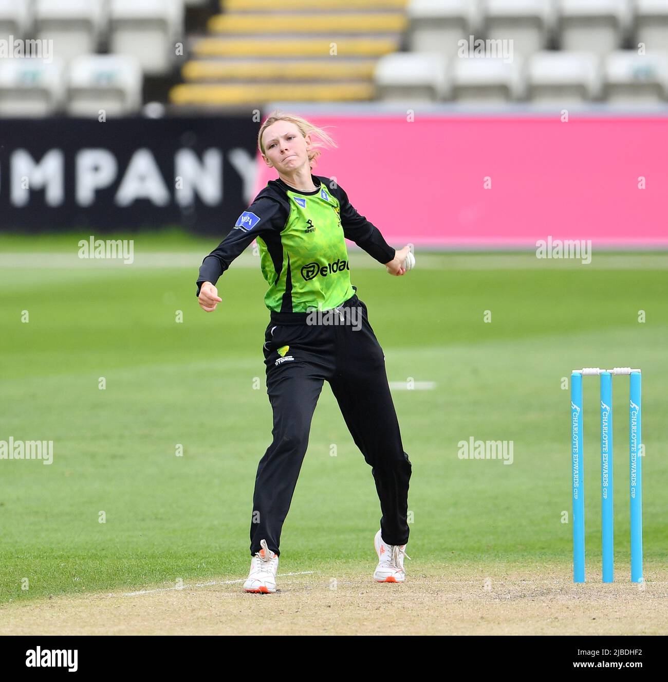 Sophia Smale of Western Storm bowling in a Charlotte Edwards Cup T20 group A match against Central Sparks  4 June 2022 Stock Photo