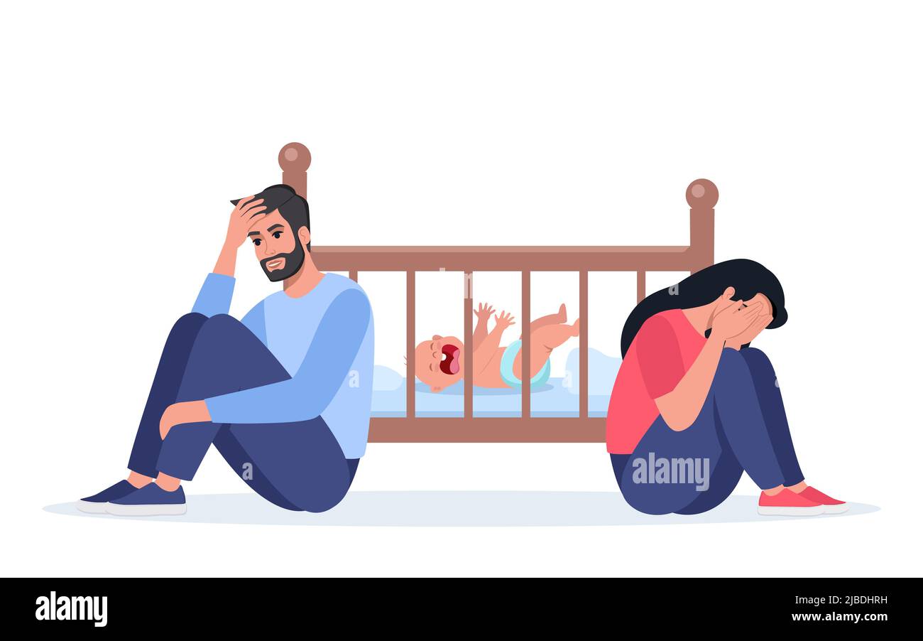 Exhausted parents at the crib with crying baby. Sad woman sitting on the floor, crying and hugging her knees. Tired father with headache. Young parent Stock Vector