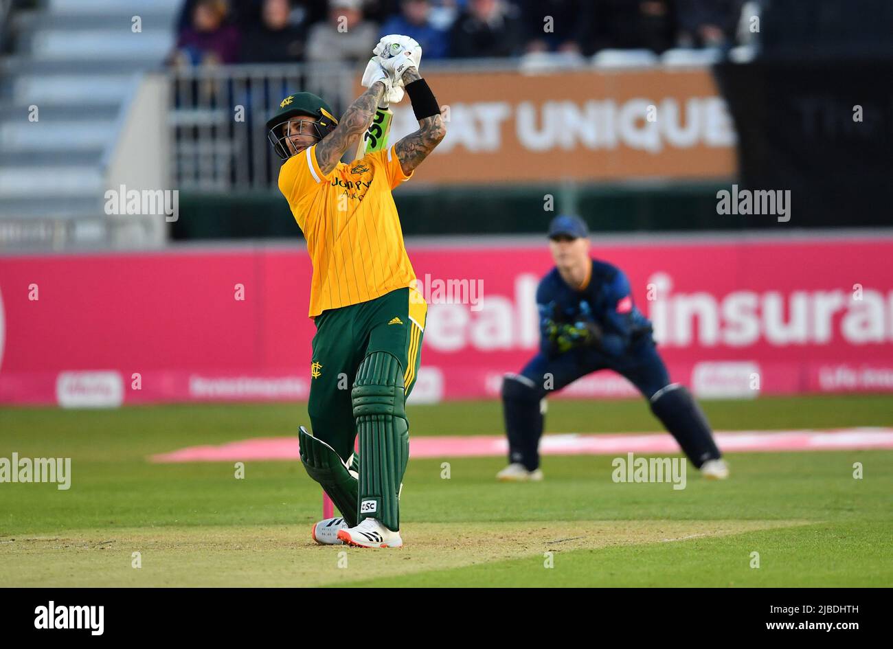 Alex Hales batting for Nottinghamshire Outlaws in a T20 Blast match against Derbyshire Falcons Stock Photo