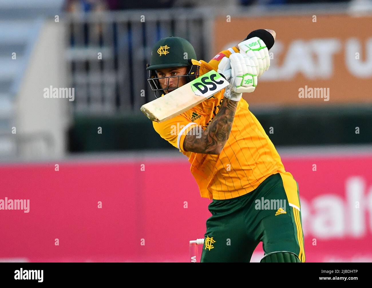 Alex Hales batting for Nottinghamshire Outlaws in a T20 Blast match against Derbyshire Falcons Stock Photo