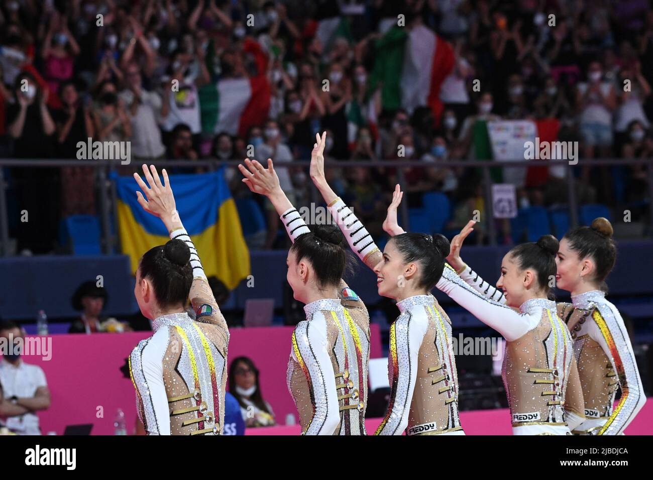 Italy (ITA) group team greets fans during the Gymnastics Rhythmic