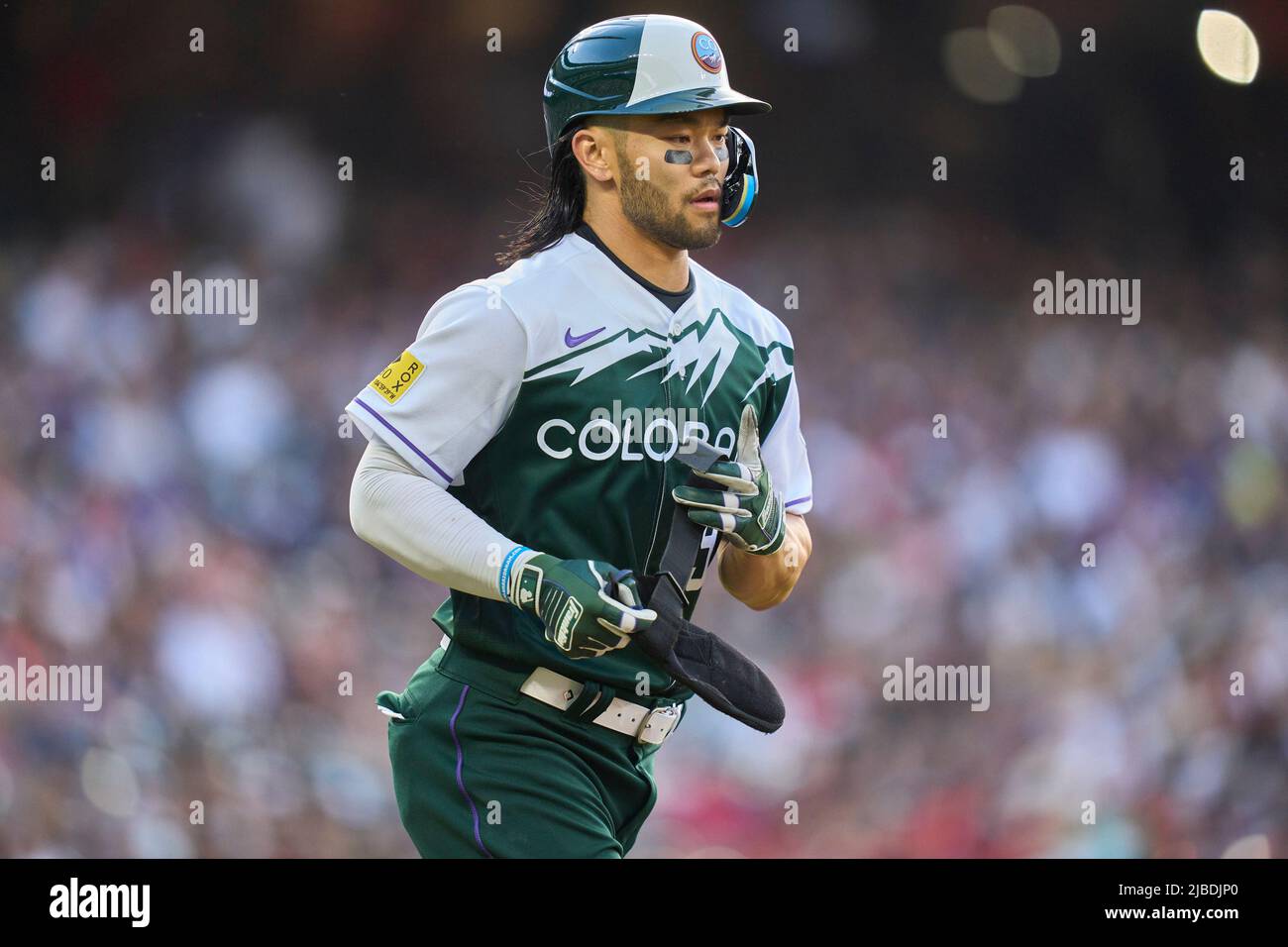 Denver CO, USA. 4th June, 2022. Colorado outfielder Conner Joe (9) takes a  walk during the game with Atlanta Braves and Colorado Rockies held at Coors  Field in Denver Co. David Seelig/Cal