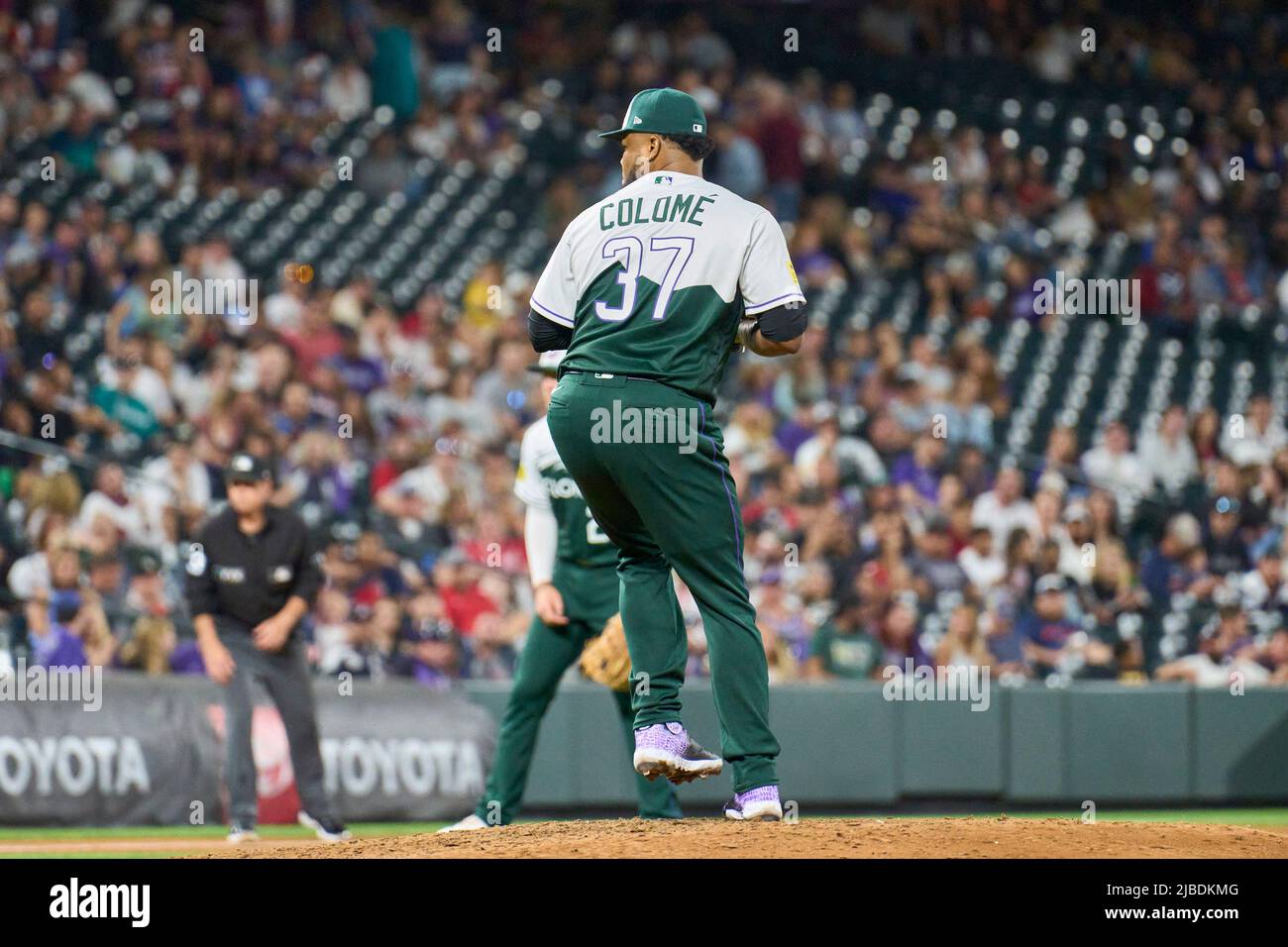 Denver CO, USA. 4th June, 2022. Colorado pitcher Alex Colome (37) throws a pitch during the game with Atlanta Braves and Colorado Rockies held at Coors Field in Denver Co. David Seelig/Cal Sport Medi. Credit: csm/Alamy Live News Stock Photo