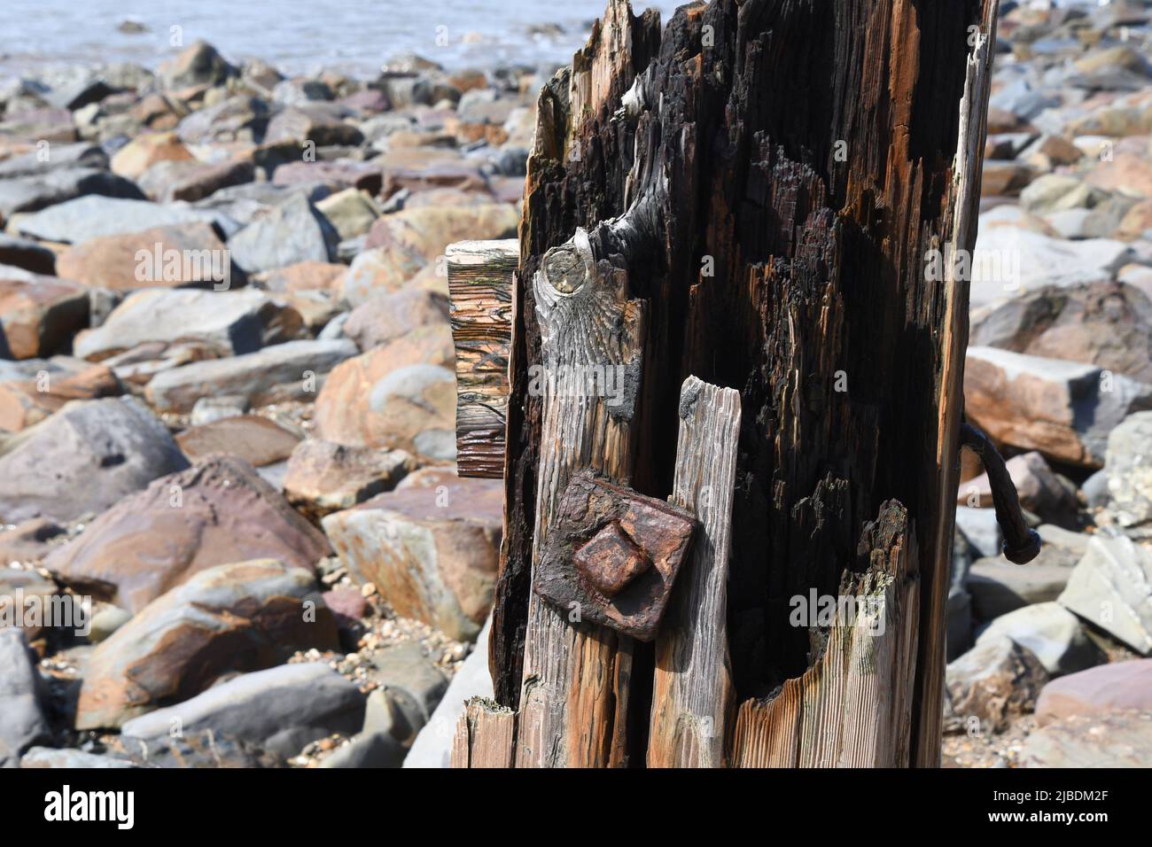 Close up of a Wooden post with the rocky beach and sea behind,part of the remains of the groins on the beach,  destroyed by the sea on the North Devon Stock Photo