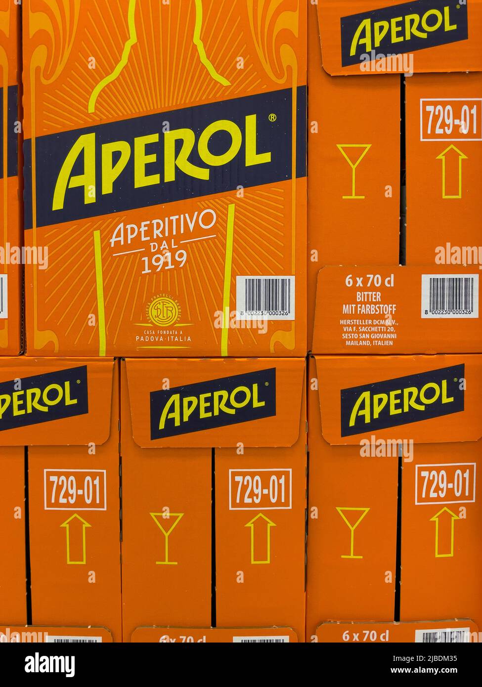 Nuremberg, Germany - June 4, 2022: Aperol is an italian bitte since 1919. Now produced by the Campari Group. Found in a Supermarket. Stock Photo