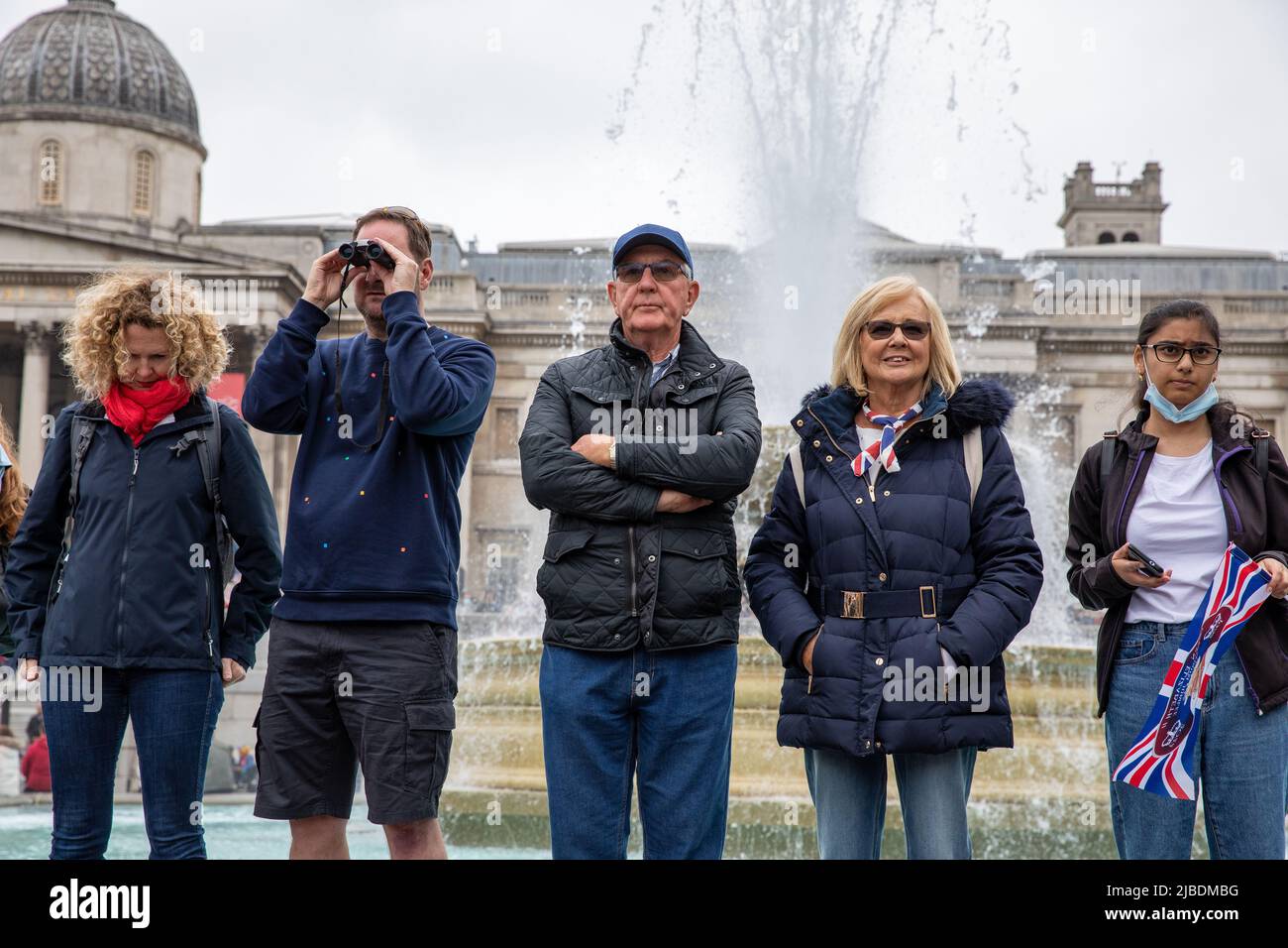 Westminster, London, UK. 5 June 2022. Royal fans congregate in the Mall and Trafalgar Square near Buckingham Palace to celebrate Her Majesty Queen Elizabeth II Platinum Jubilee. This is a weekend marking The Queen’s 70 years reign. Stock Photo