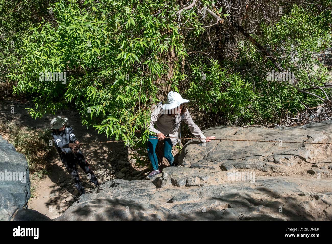 Two kids (brother and sister) help each other climbing a rock with a rope on a hiking trail to Darwin Falls in Death Valley National Park. Stock Photo