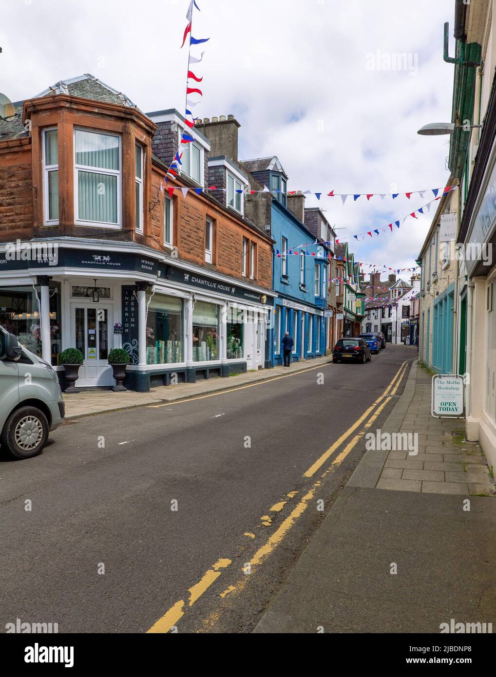 Shops in a side Street in Moffat, Dumfries and Galloway, Scotland, UK
