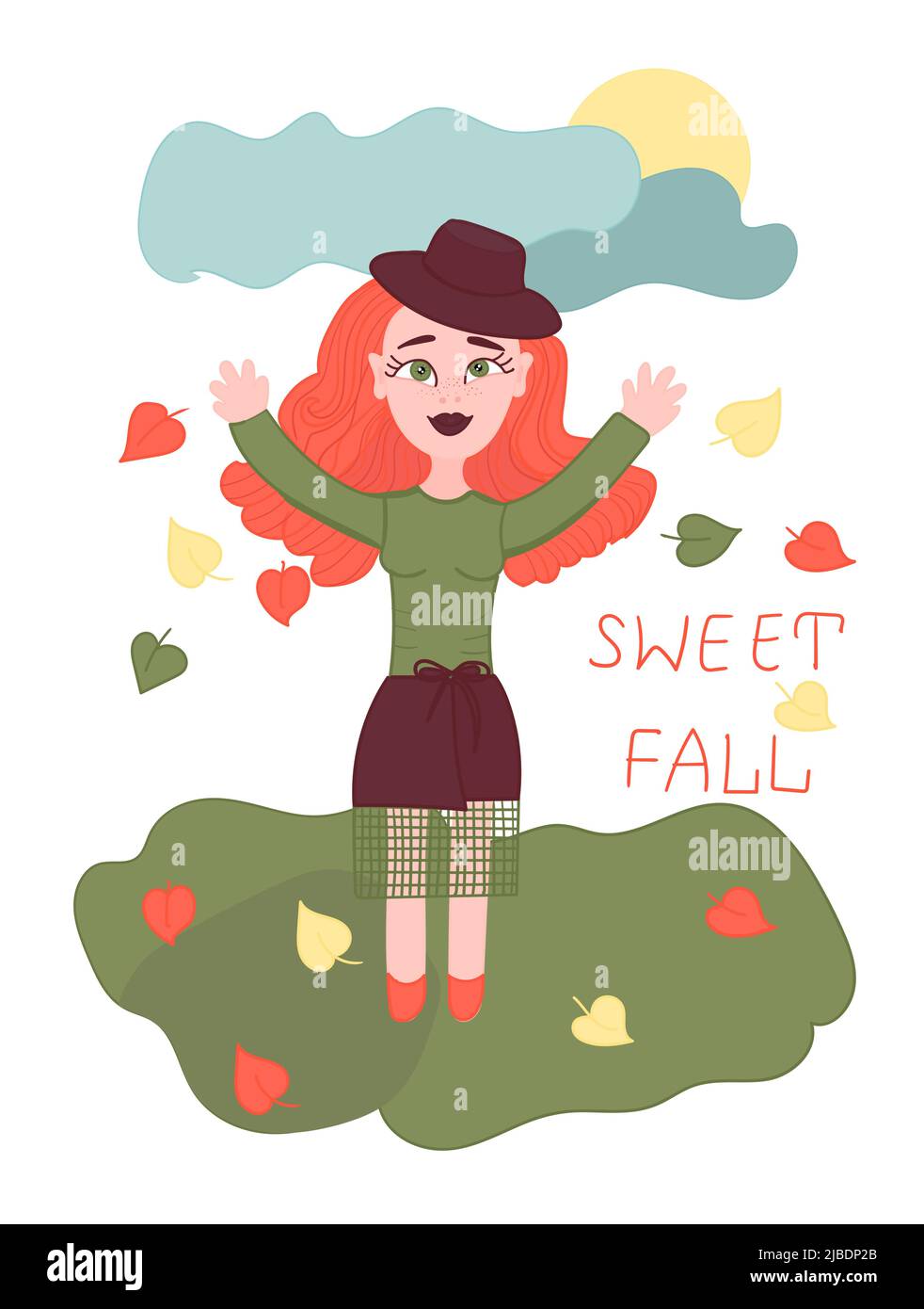 Readhead girl plays with colorful autumn leaves Stock Vector