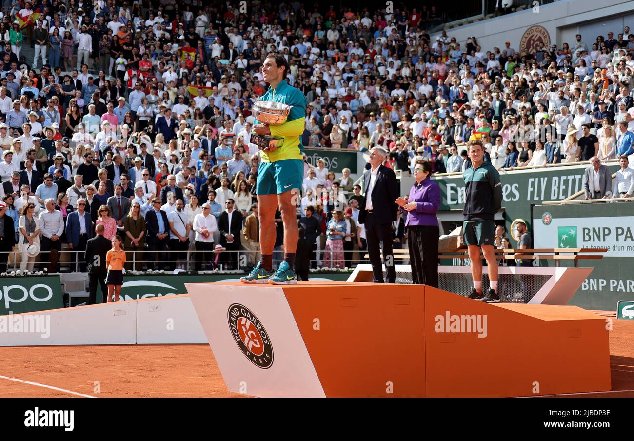 Paris, France - 05/06/2022, Winner Rafael Nadal of Spain during the trophy  ceremony of the men's final during day 15 of Roland-Garros 2022, French  Open 2022, second Grand Slam tennis tournament of