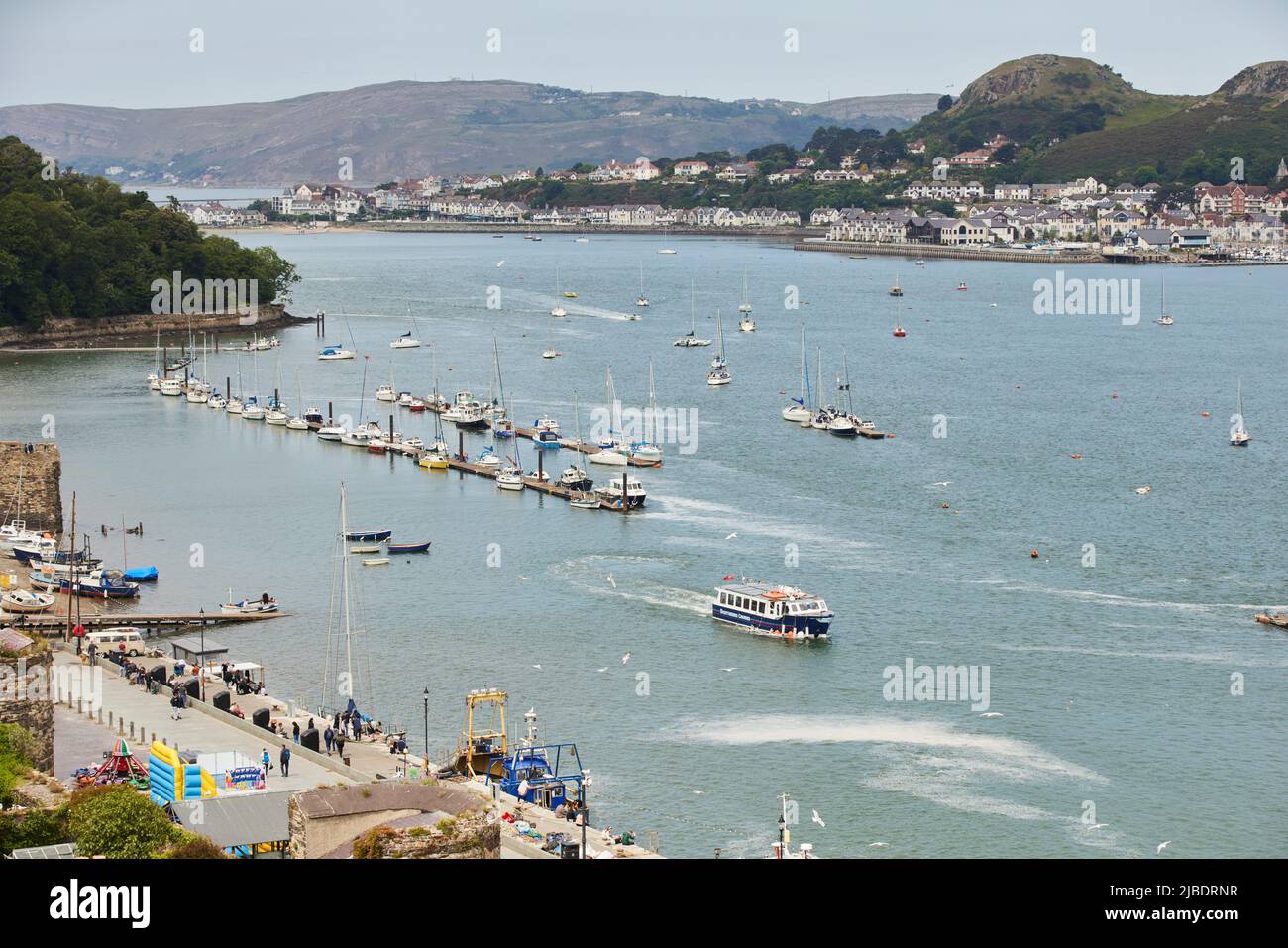 Conwy, North Wales, River Conwy waterfront pier and marina with Deganwy behind Stock Photo