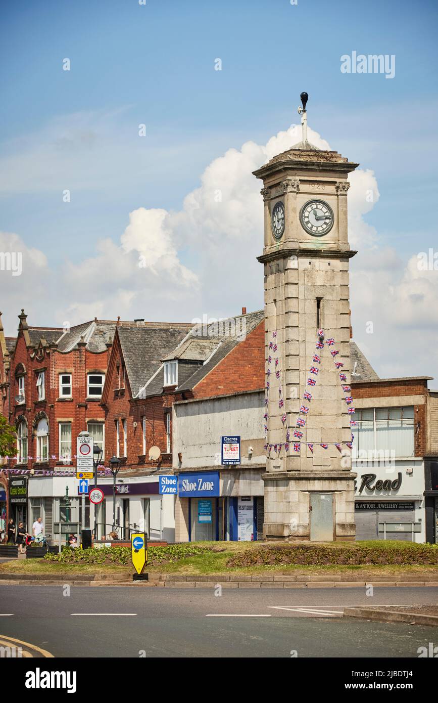 Town centre landmark, The clocktower on a roundabout, in the middle of Goole, East Yorkshire, England UK Stock Photo