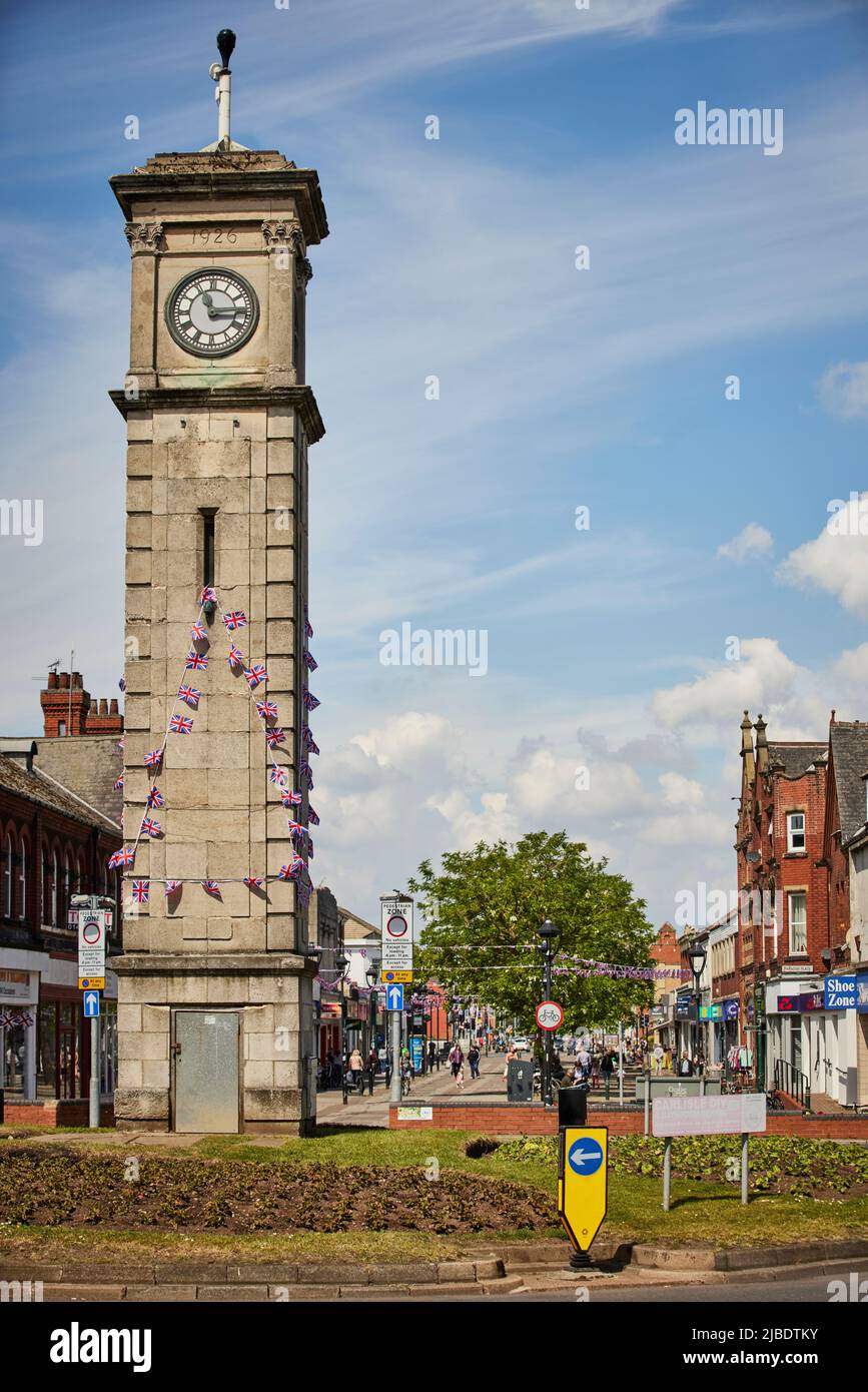 Town centre landmark, The clocktower on a roundabout, in the middle of Goole, East Yorkshire, England UK Stock Photo