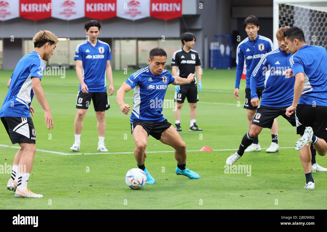 Tokyo, Japan. 5th June, 2022. Japanese national football team member Yuto Nagatomo (C) plays with his teammates at the official practice for a friendly match against Brazil at Japan's national stadium in Tokyo on Sunday, June 5, 2022. Japan will have an international friendly match against Brazil on June 6. Credit: Yoshio Tsunoda/AFLO/Alamy Live News Stock Photo