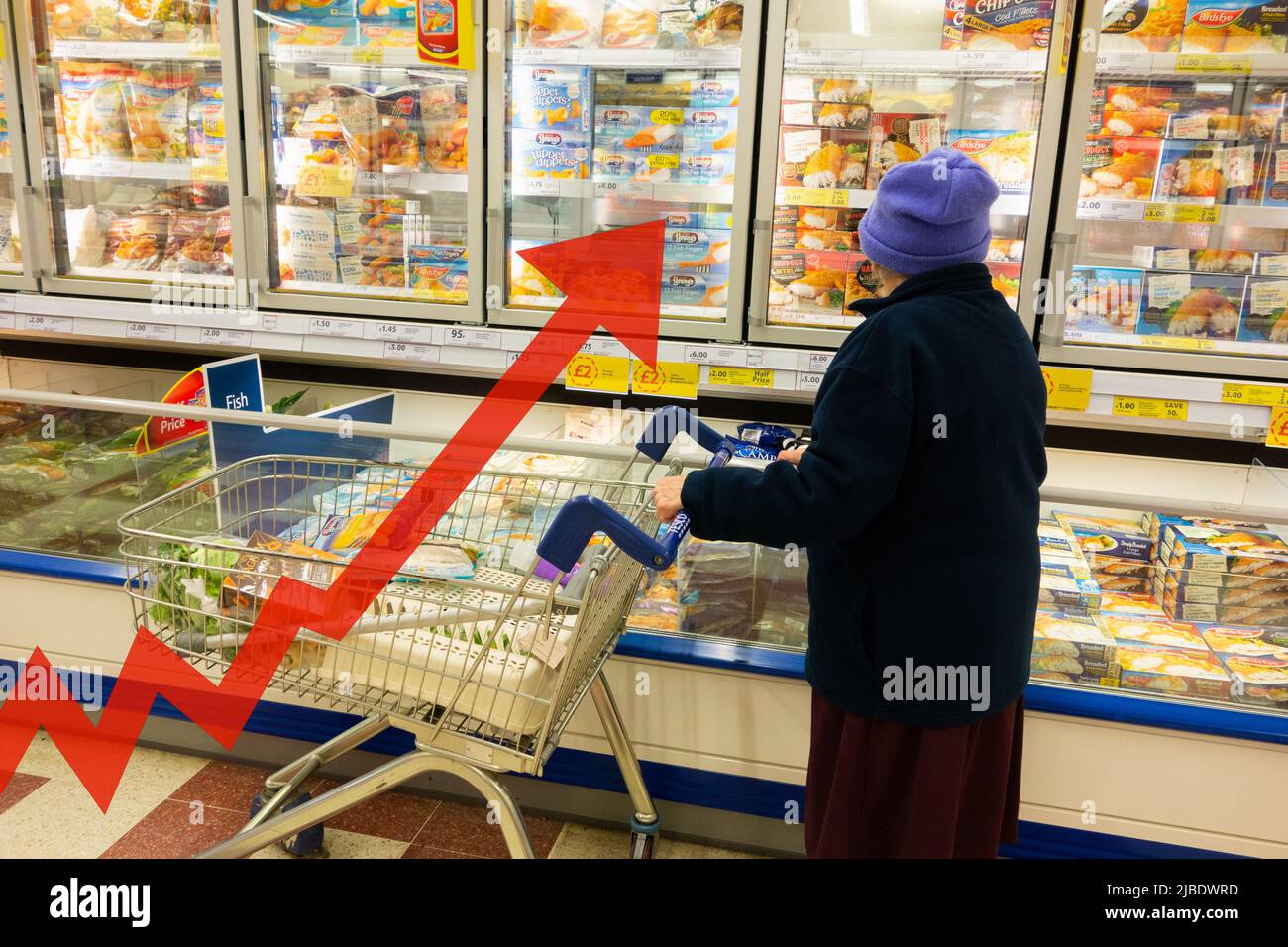 Elderly woman shopping in Tesco supermarket. UK. cost of living, rising food prices, inflation... concept Stock Photo