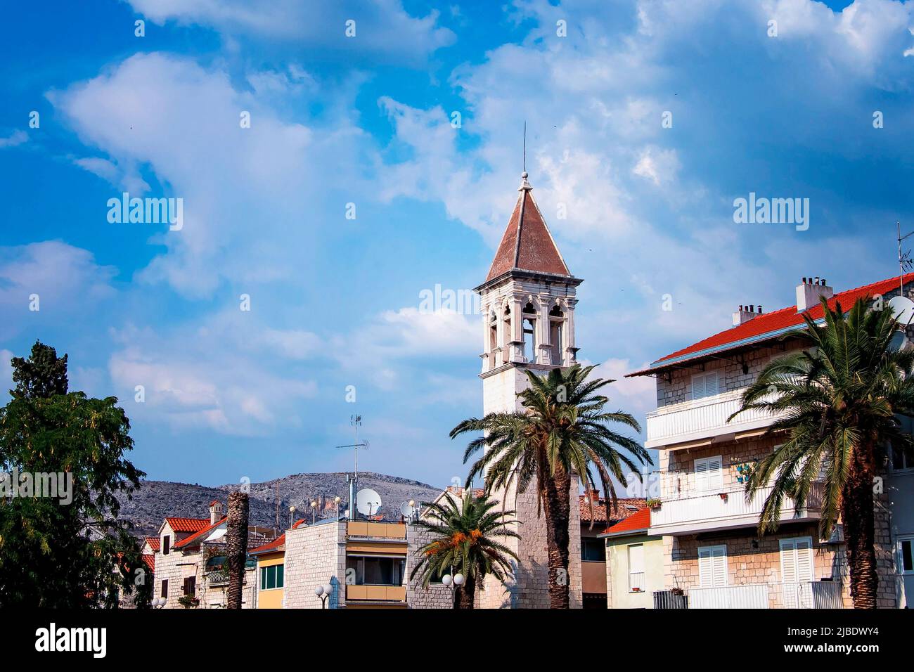 Close up view of town hall on sunny promenade along the pier of old Venetian town, Trogir, Croatia. Stock Photo