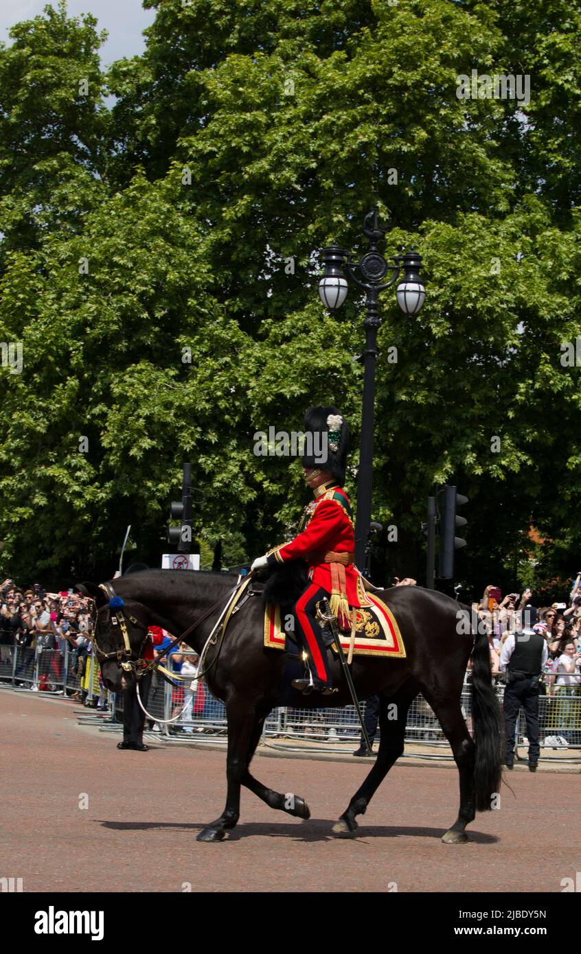 Prince Charles Mounted in Military Uniform The Queen's Platinum Jubilee Trooping The Colour Color The Mall London Stock Photo
